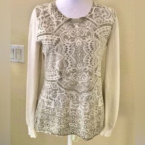 Aventura Cream and Gray Patterned Long Sleeve Sweater Lightweight